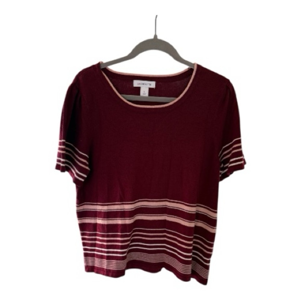 Liz Claiborne Striped Short Sleeve Sweater Top Size Large Burgundy Cream